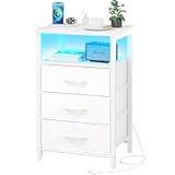 Yoobure Night Stand with Charging Station&comma; 16 Colors LED Nightstand with USB Ports and Outlets&comma; End Table with 3 Fabric Drawers and Storage Shelf&comma; Bedside Tables Small Dresser for Small Space White