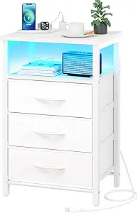 Yoobure Night Stand with Charging Station, 16 Colors LED Nightstand with USB Ports and Outlets, End Table with 3 Fabric Drawers and Storage Shelf, Bedside Tables Small Dresser for Small Space White