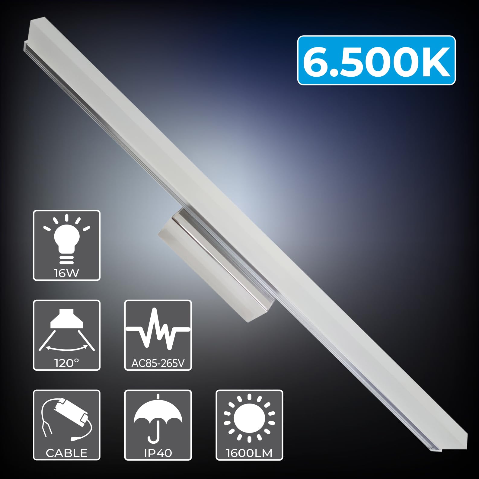 LED ATOMANT Applique Cromata per Bagno 60 cm, 16W, Colore Bianco Freddo (6500K), 1600 Lumen