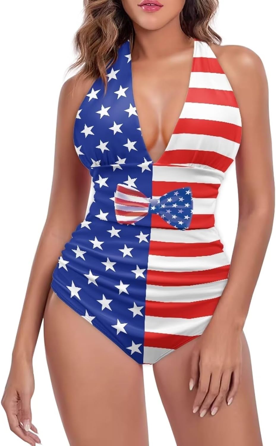 Women's Tummy Control Swimwear One Piece V Neck Swimsuit Sexy Halter Ruched Vintage Slimming Bathing Suit