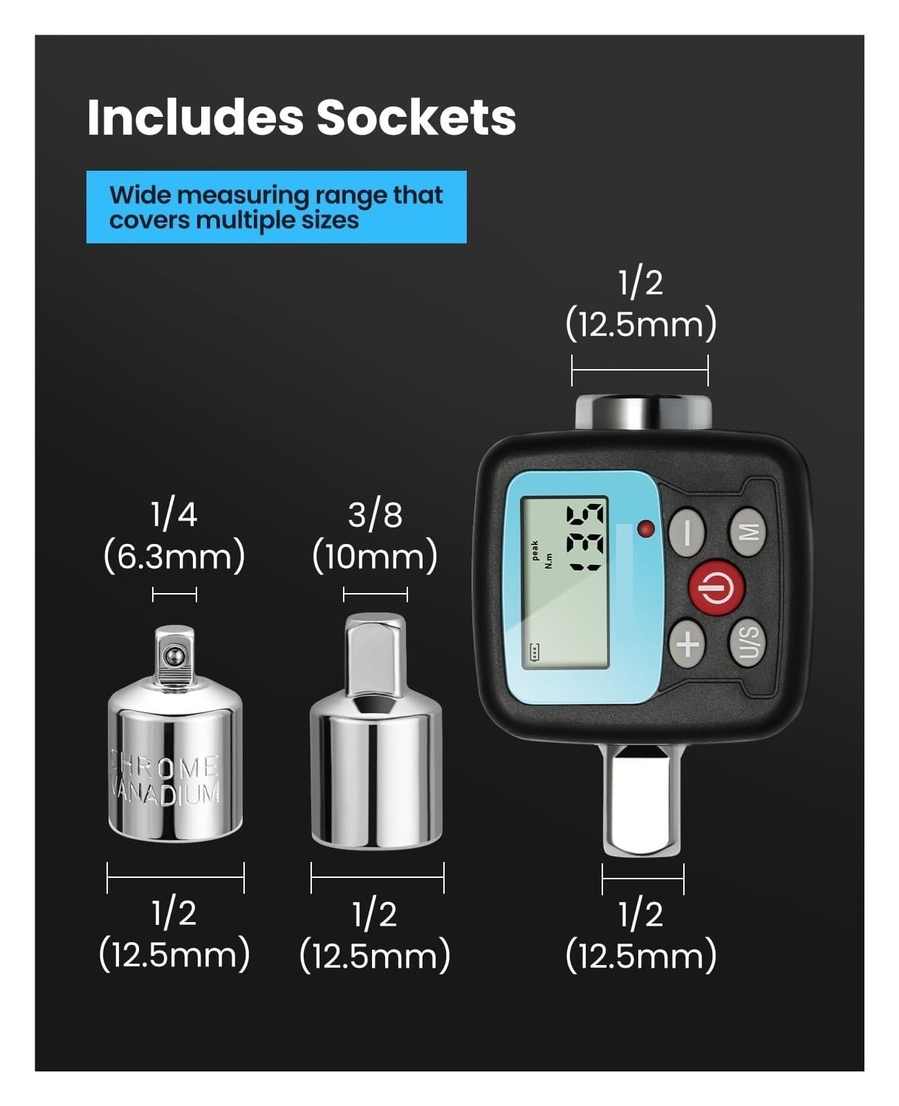 Cyfrowy adapter momentu obrotowego 1/2", elektroniczny przetwornik momentu obrotowego z wyświetlaczem LCD, adaptery 1/4", 3/8" Intuicyjny wyświetlacz(340n.m)