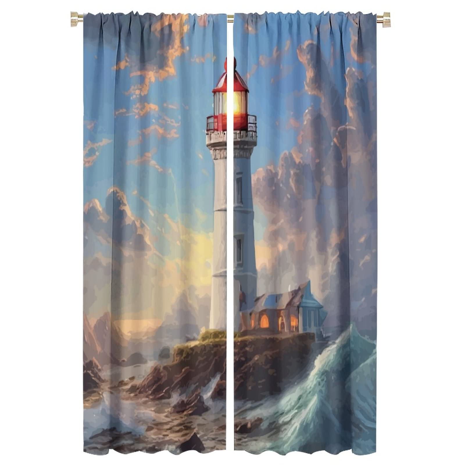 Lighthouse Curtain Oil Painting Sea Wave Lighthouse Blackout Print Rod Pocket Window Drapes for Bedroom Living Room 42x63in