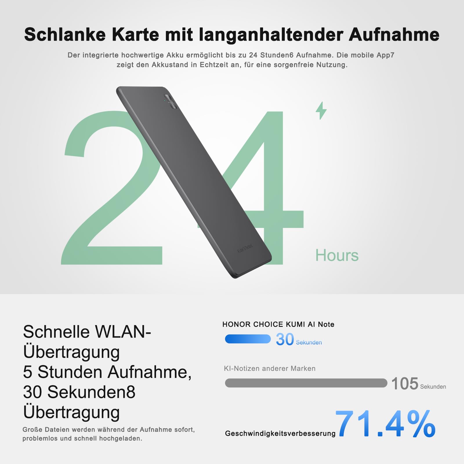 HONOR Choice AI Note Sprachrekorder, 600 Min/Monat Kostenlose Transkription, Digitales Diktiergerät mit KI-Zusammenfassungen & Mind-Maps, 130+ Sprachen, Schlanke Magnetkarte, für Meetings & Anrufe