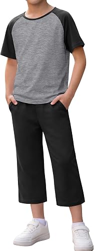 JoyMotion Boys 2 Piece Outfit Set, Light Mix Gray/Black, 6-7 Years