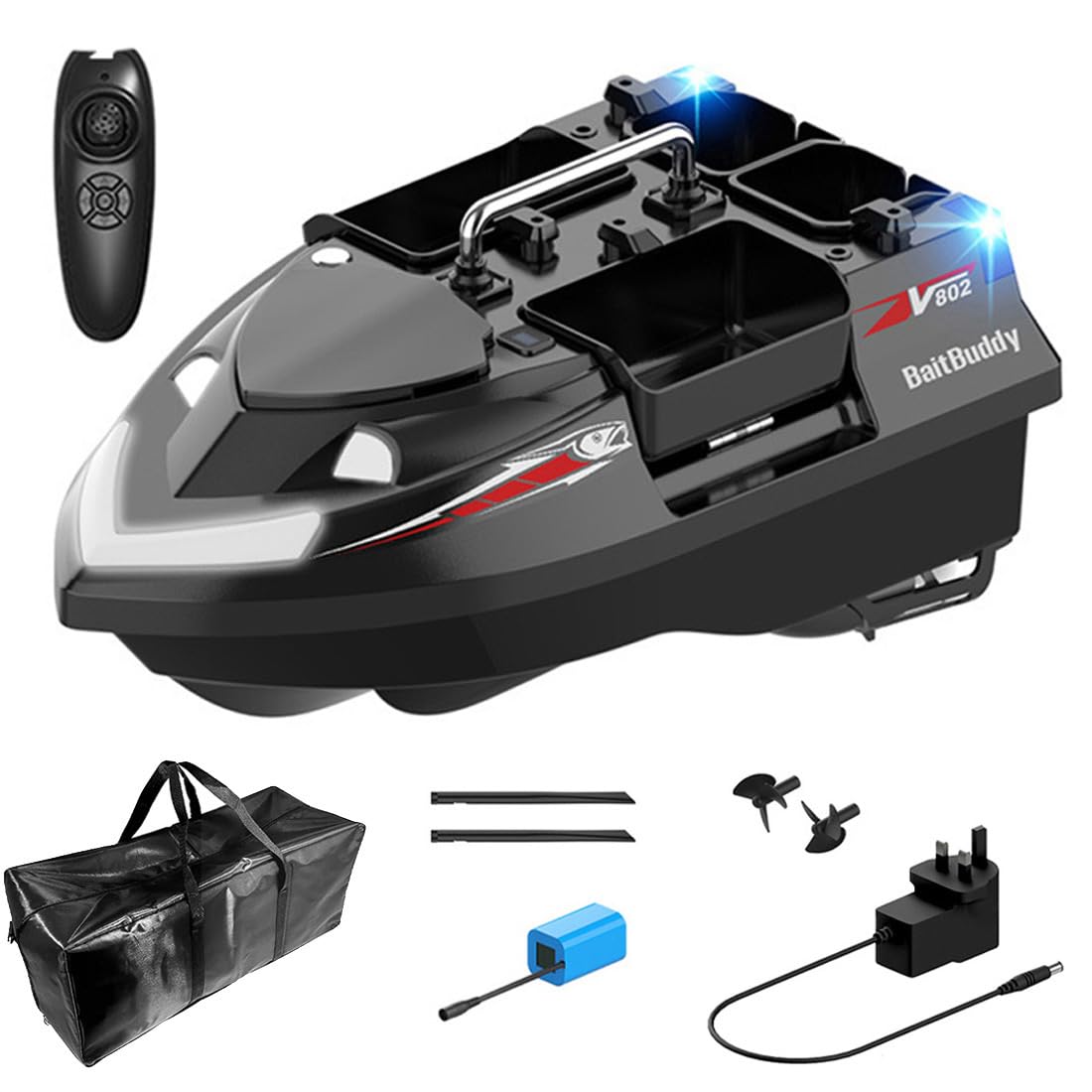 TechSpieler V802PRO RC Bait Boat, 4 Compartments 3KG Large Capacity Fishing Boat with GPS Positioning (Black)