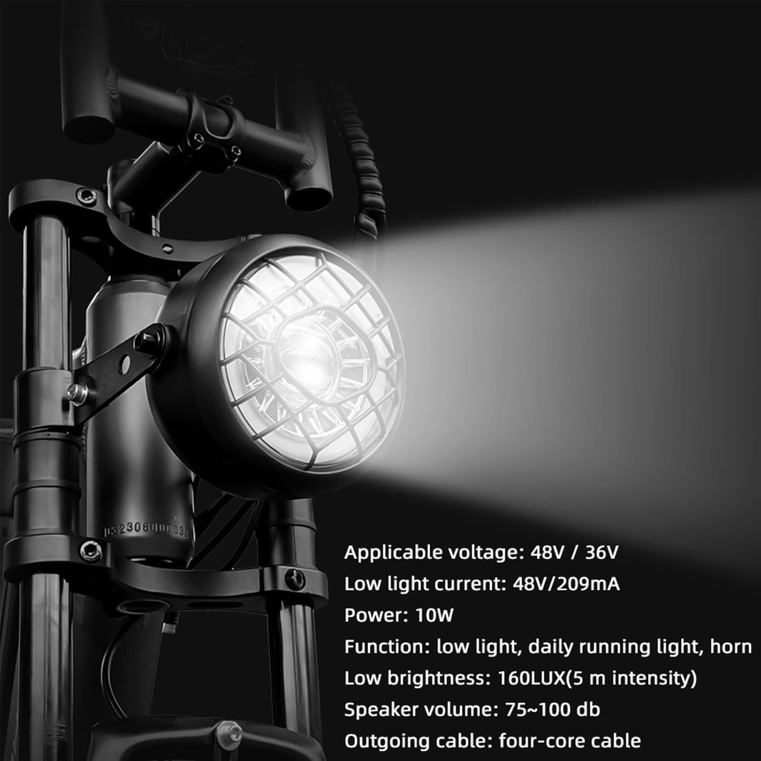 Faro delantero para bicicleta eléctrica superbrillante con bocina, conector impermeable de 36 V/48 V para bicicletas eléctricas de montaña, luz de seguridad de conducción nocturna