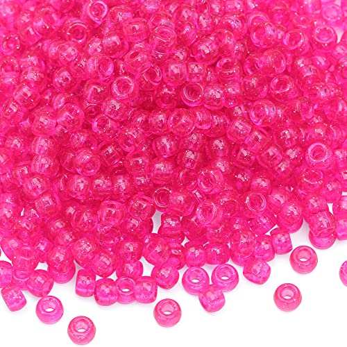 Image of 1000Pcs Pony Beads Bracelet 9mm Hot Pink Glitter Plastic Barrel Pony Beads for Necklace,Hair Beads for Braids,Key Chain,Jewelry Making (Hot Pink Glitter)