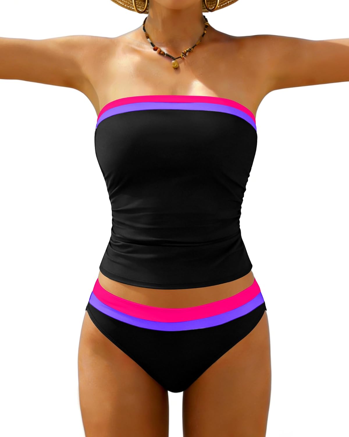 Jolefille Tankini Swimsuits for Women Two Piece Strapless Bandeau Bathing Suits Tops Full Coverage Modest Swim Suits 2026