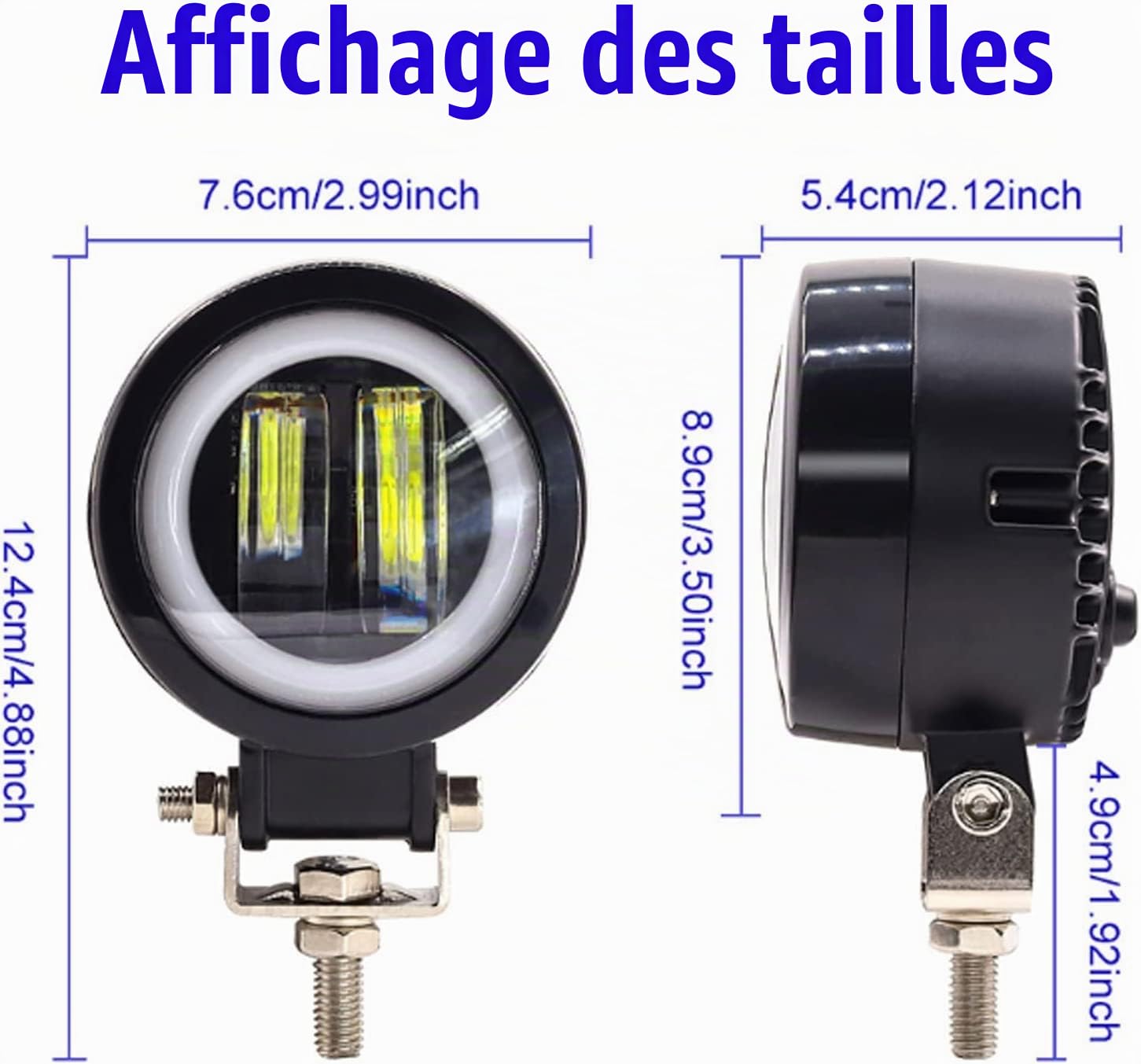 Biqing 2PCS Feux Additionnels Moto avec Rouge Angel Eye,Ronde de 3 Pouces 20W Phare LED Motos Avant 12V/24V Phare de Travail Brouillard Feux de Jour de Motos DRL Avec Interrupteur Moto 22mm