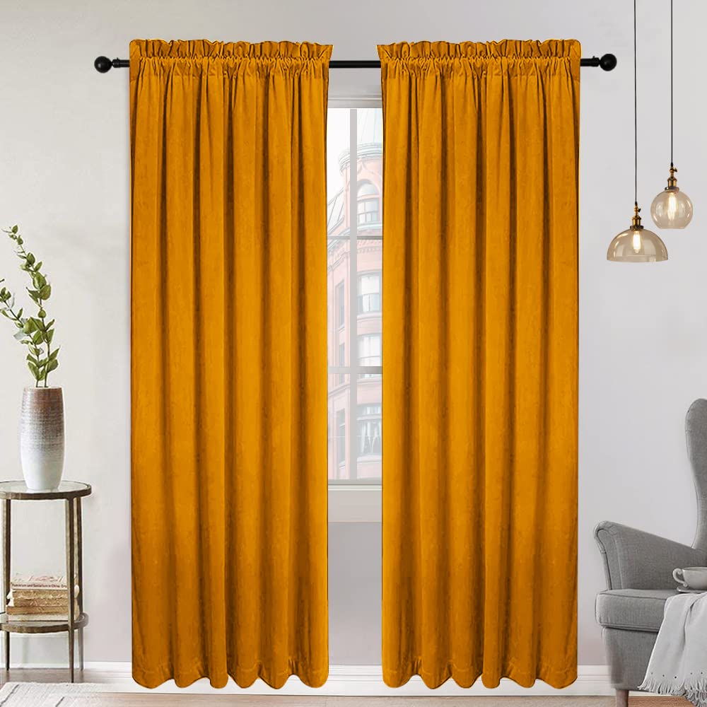 SMILETIME Yellow 63in Long Velvet Curtains with Rod Pocket Thermal Insulated Soft Privacy Light-Filtering Velvet Drapes for Bedroom and Living Room, Set of 2 Panels, 52 x 63 Inches Long