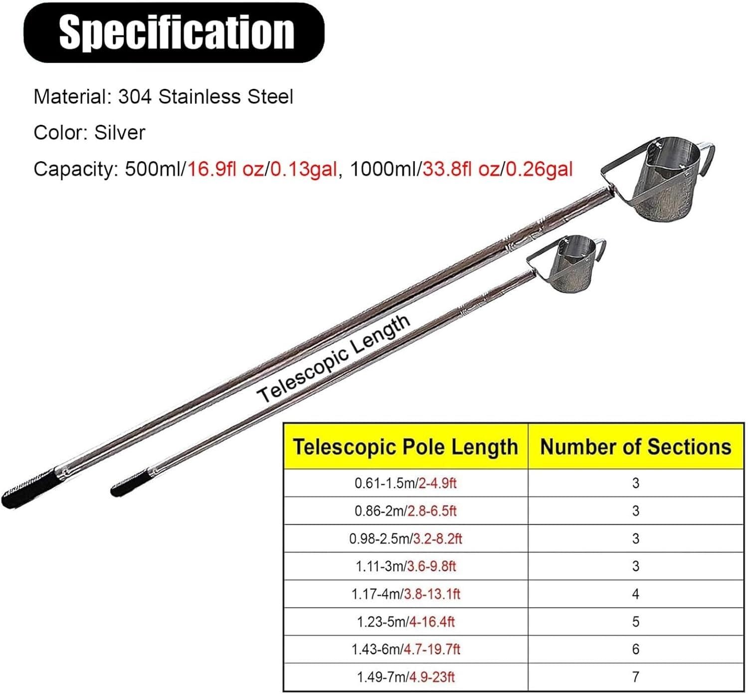 Muestreador de Agua portátil de Acero Inoxidable, cucharón telescópico con péndulo(500ml,1.43-6m/4.7-19.7ft)