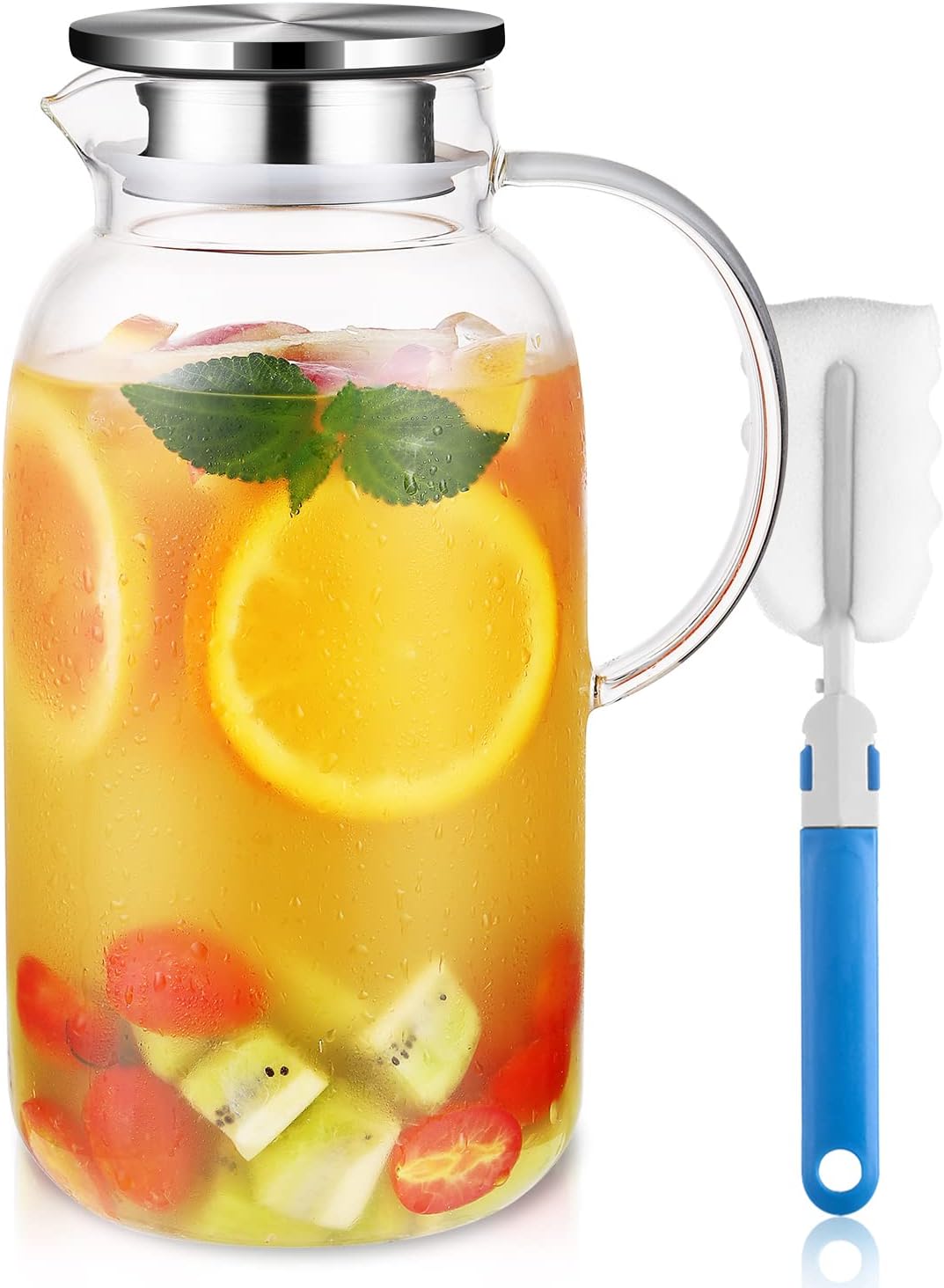 Glass Pitcher - Water Pitcher - Fridge Glass Pitcher with Lid Ice Tea Maker - 86OZ 18/8 Stainless Steel - Easy Clean Heat Resistant Borosilicate Glass Jug for Juice,Milk, Cold or Hot Beverages…