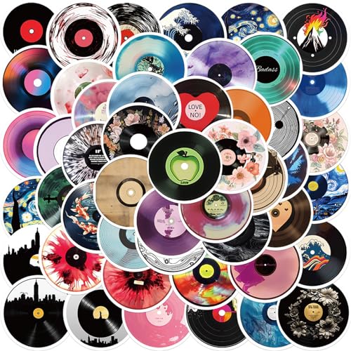 Music CD Stickers, 50 Pcs Vinyl Cartoon Record Album Sticker for Water Bottle Laptop Cars Guitar Skateboard Bumper Vintage Waterproof Music Stickers for Teens Adults (Colourful-F4)
