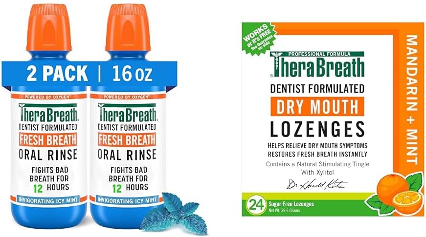 TheraBreath Mouthwash & Lozenges Bundle, Fresh Breath Alcohol-Free Mint Mouthwash 16 Fl Oz (Pack of 2) & Sugar-Free Mandarin Mint Lozenges for Dry Mouth 24 Count