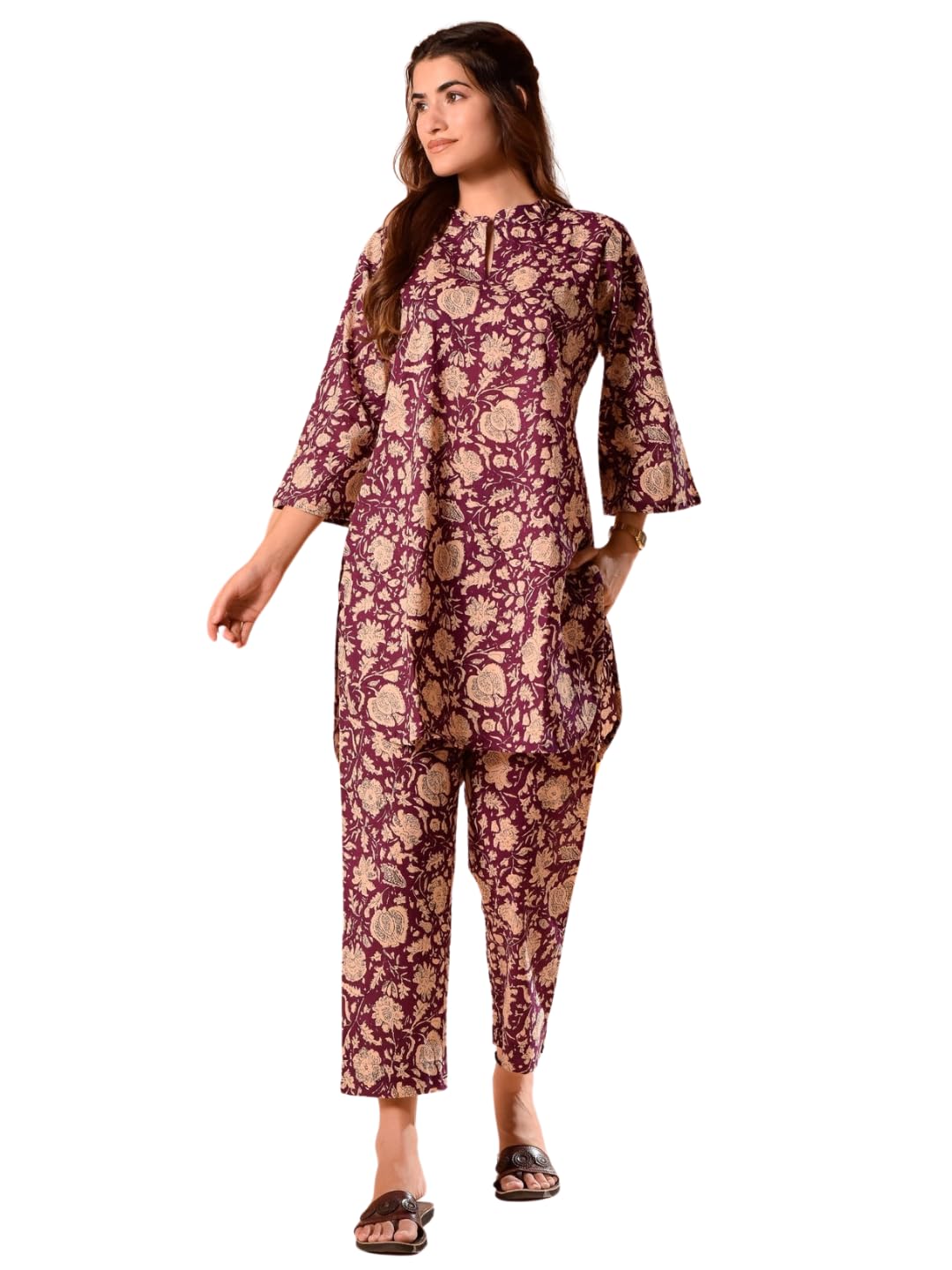 Nainvish Women's Maroon Printed Straight Rayon Keyhole Neck Co-Ord Set (Sd678_Kb-S)