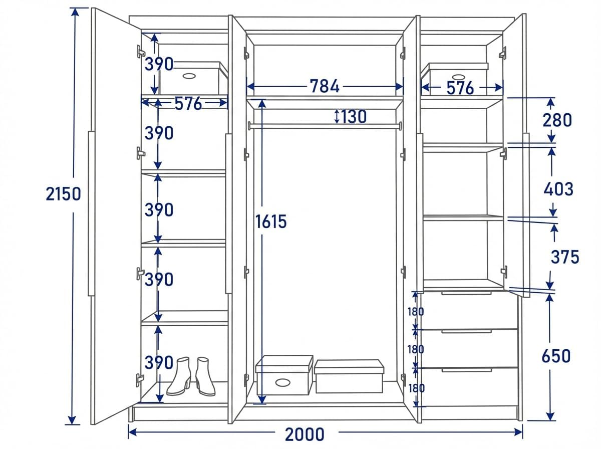 A&J MöbelLand KLARI Kleiderschrank 4-türig mit 3 Schubladen – 200 x 215 cm – Drehtürenschrank mit Kleiderstange und Einlegeböden