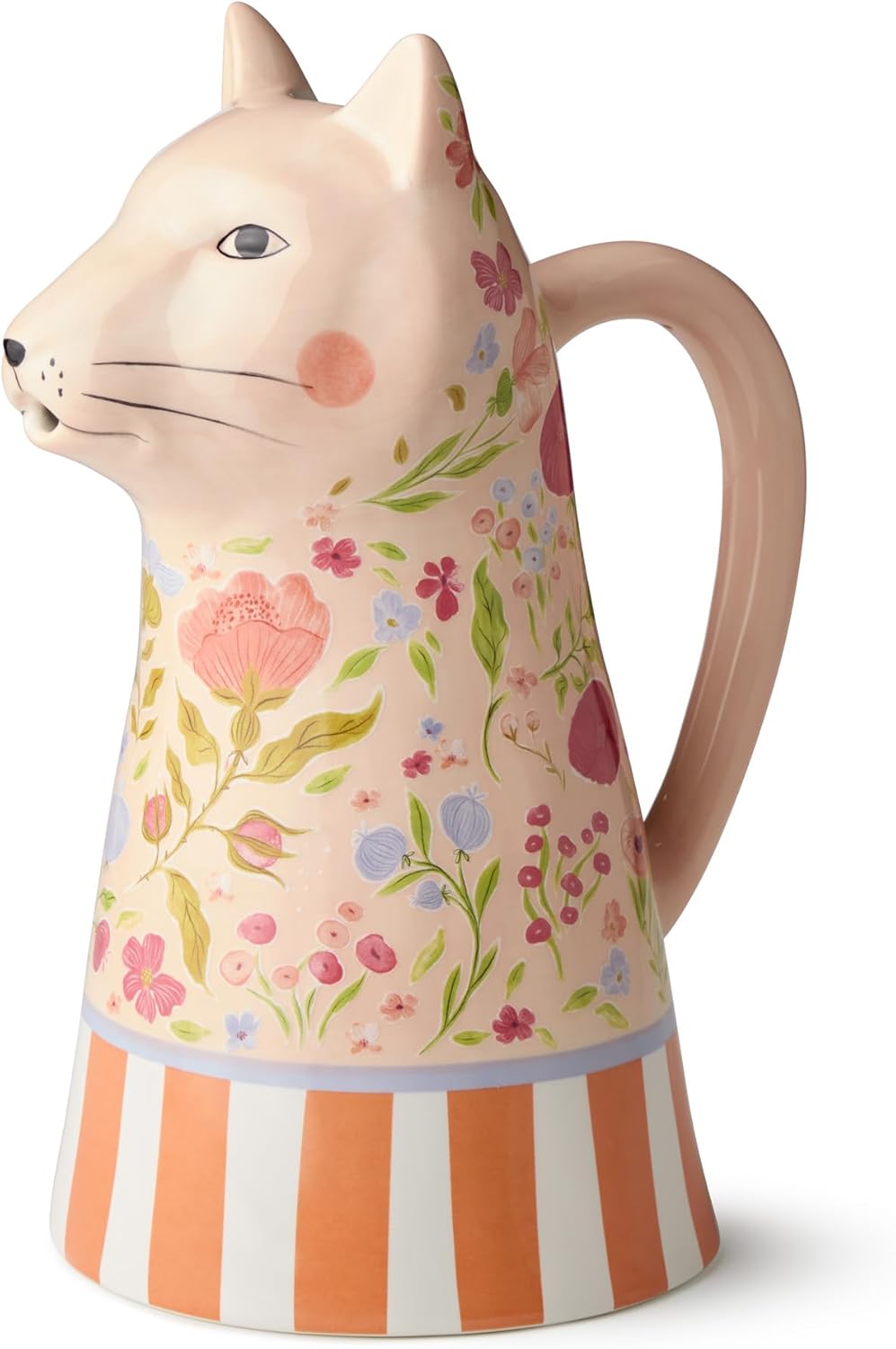 Menagerie Ceramic 3‑D Leopard PITCHER, sculpted pastel floral pitcher with striped base, ideal for serving drinks, decorative display, floral arrangements and whimsical everyday entertaining
