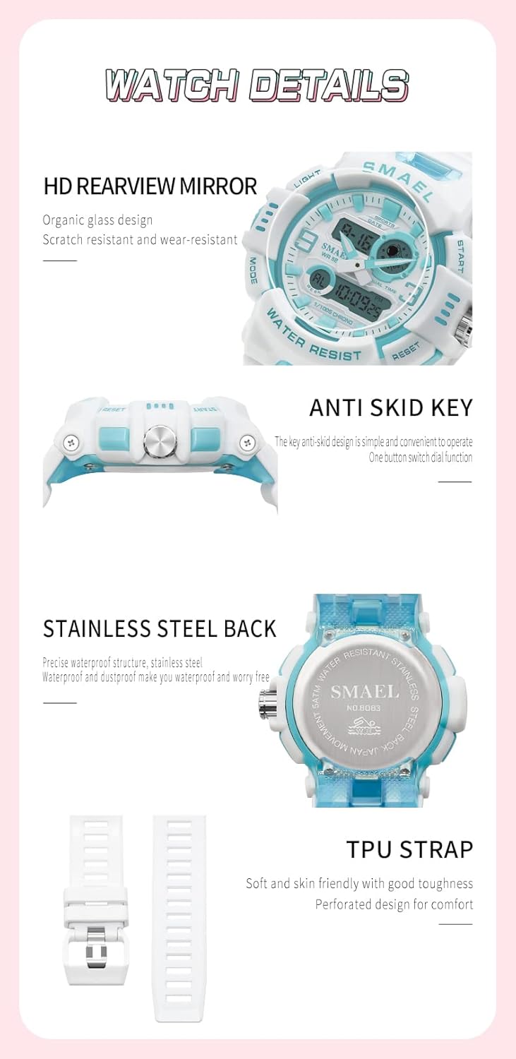 Gosasa Dual time Zone Multifunctional Watch, Digital Electronic Waterproof Sports Watch, Leisure Watch, Student Youth Vitality Candy Color Student Watch (Light Green)