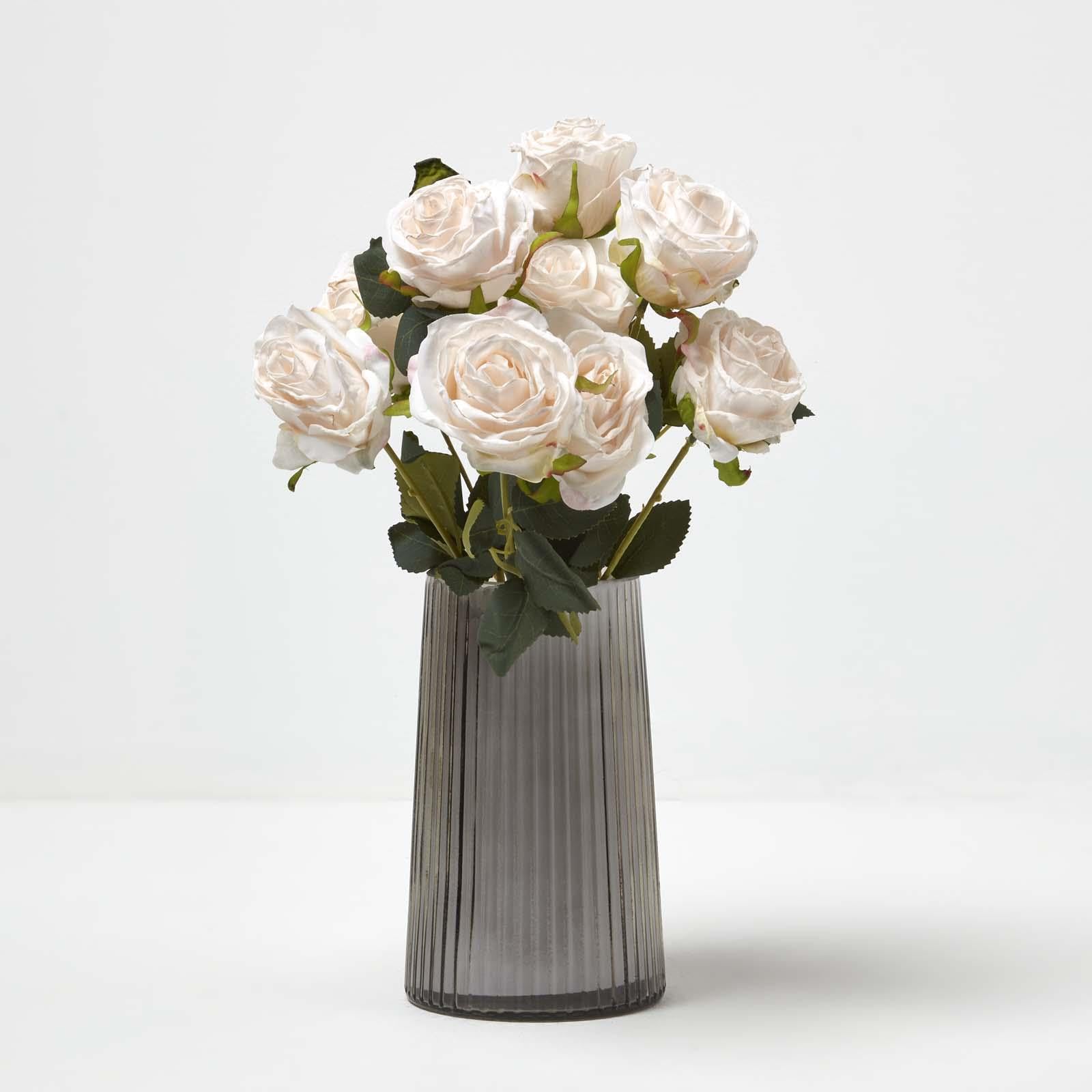 HOMESCAPES Real Touch Artificial White Roses, Realistic Flower Bouquet, 46 cm