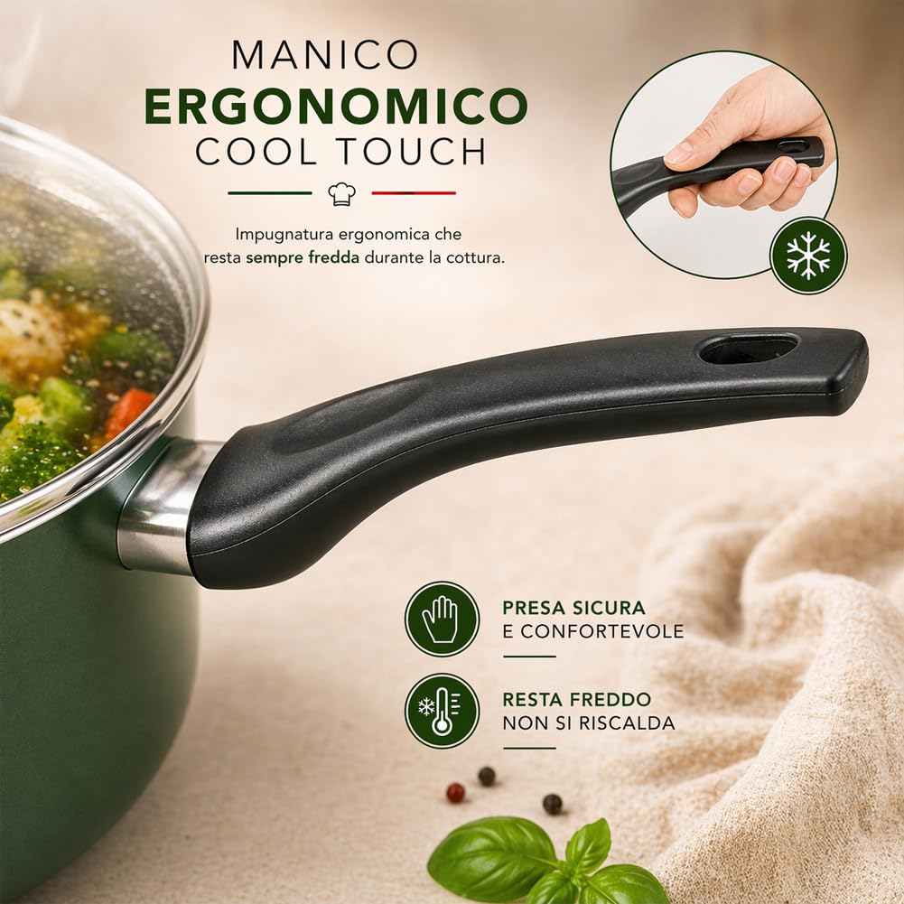 BAKAJI Batteria di Pentole Natura Più Colore Verde con Fondo Antiaderente e Manico Cool Touch, Accessori Mestoli, Impugnatura Ergonomica, Coperchi in Vetro, Casseruola e Padella con Cottura Omogenea
