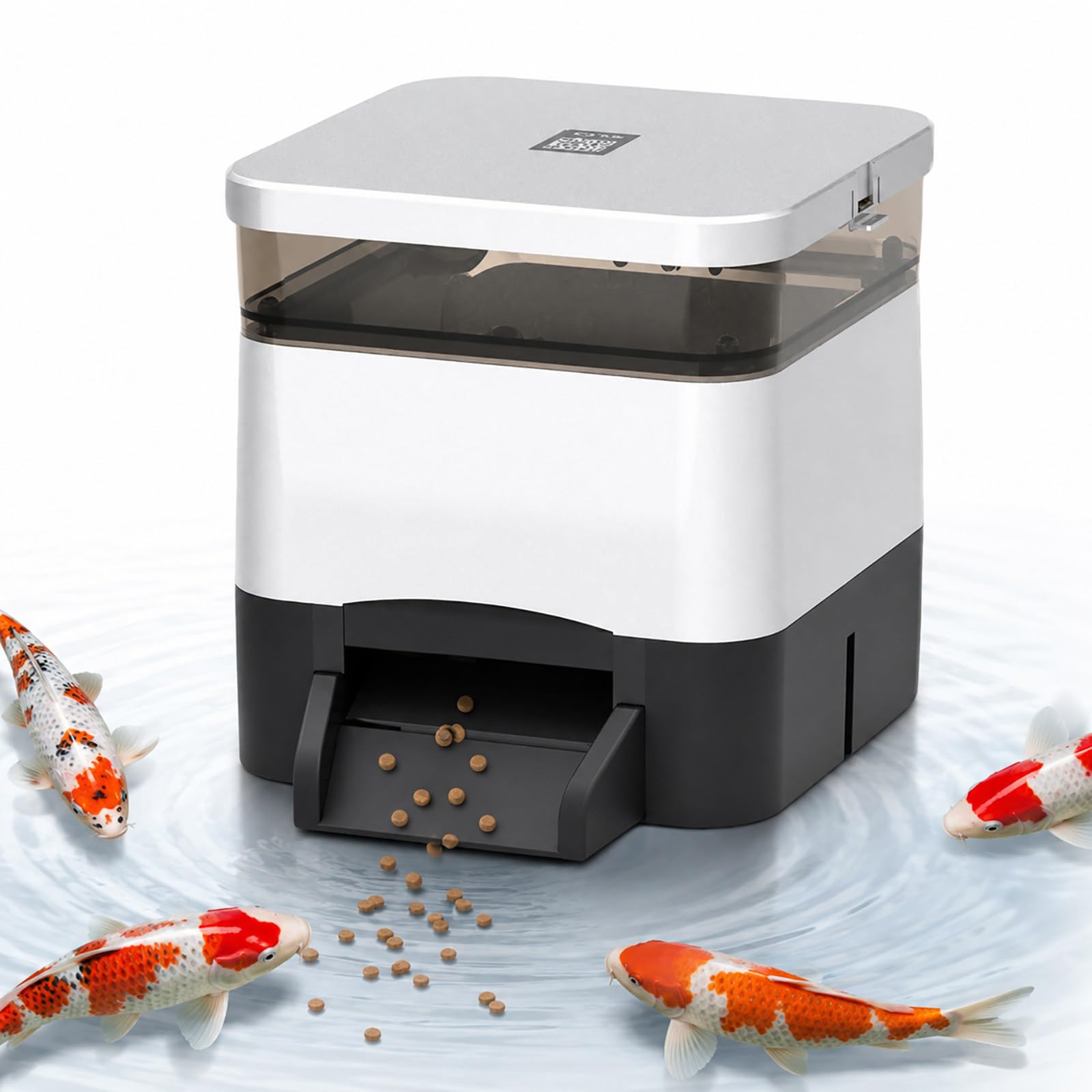 Distributore per Pesci da Laghetto 4 L - Mangiatoia Automatica con Serbatoio Trasparente Silver