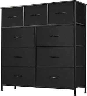 DUMOS Dresser for Bedroom, Storage Organizer with 9 Drawers, Chest of Drawers with Fabric Bins, Sturdy Metal Frame, Wood Tabletop for Guest Room, Closet, Entryway, Black