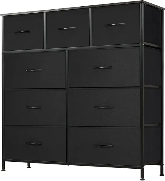 DUMOS Dresser for Bedroom, Storage Organizer with 9 Drawers, Chest of Drawers with Fabric Bins, Sturdy Metal Frame, Wood Tabletop for Guest Room, Closet, Entryway, Nursery