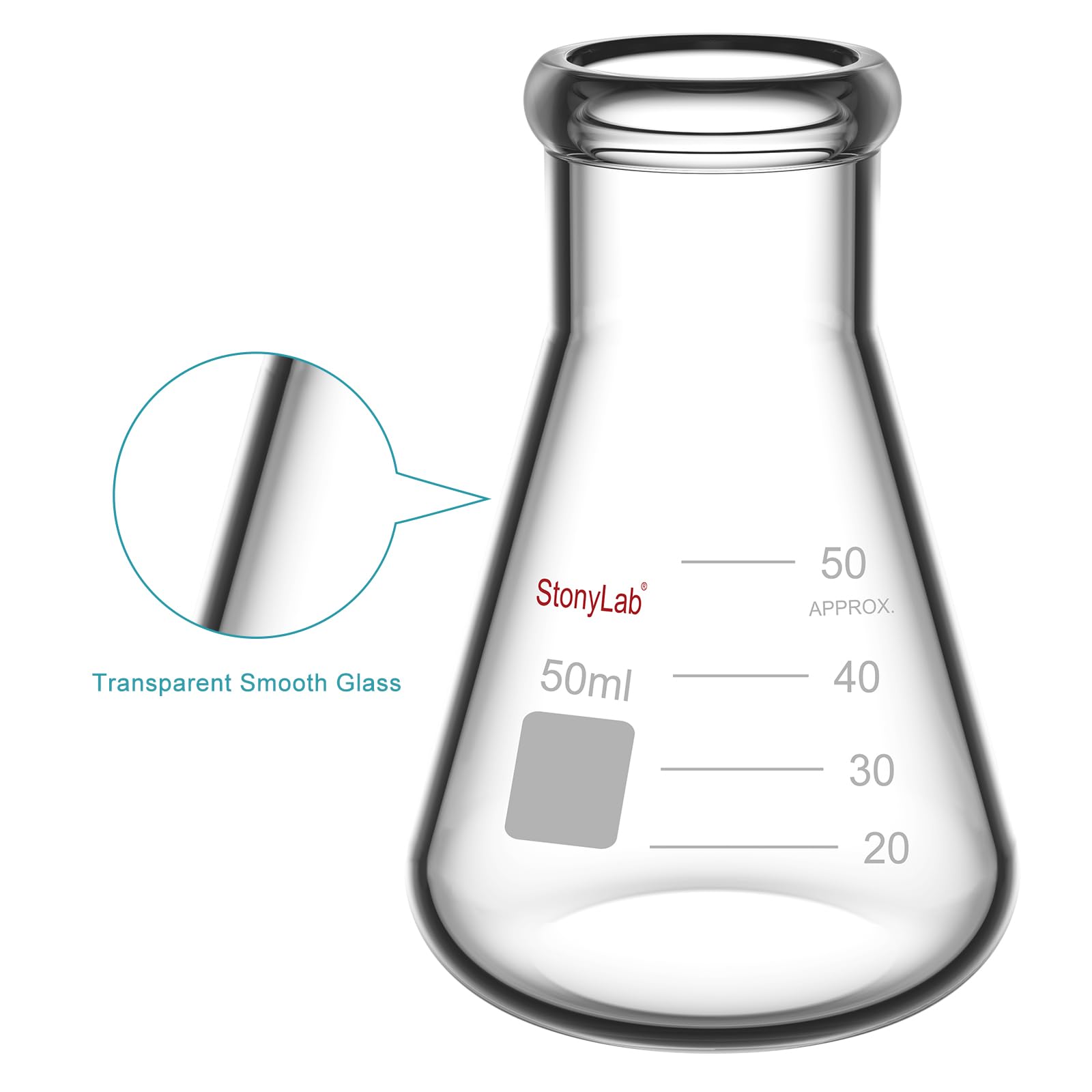 stonylab 1-Pack Glass 50 ml Heavy Wall Narrow Mouth Erlenmeyer Flasks with Heavy Duty Rim - (50ml Fits with StonyLab 4# Rubber Stopper) — Amazon image 4