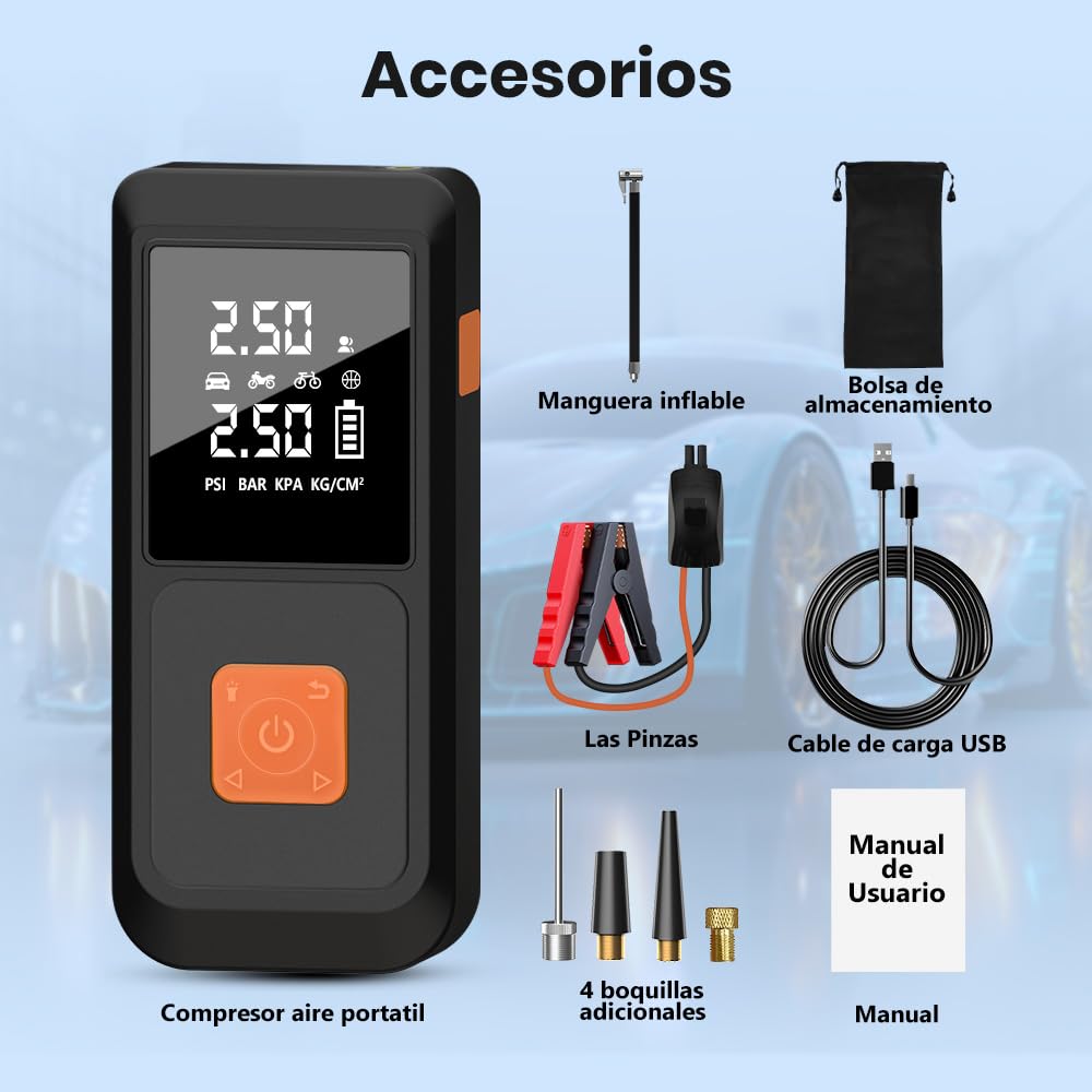 Junsun Arrancador de Batería 12V con Compresor de Aire 150 PSI y Power Bank 10000mAh, Inflador Portátil para Coche Gasolina y Diésel, Arranque de Emergencia, Pantalla LCD, Carga Rápida y Luz LED
