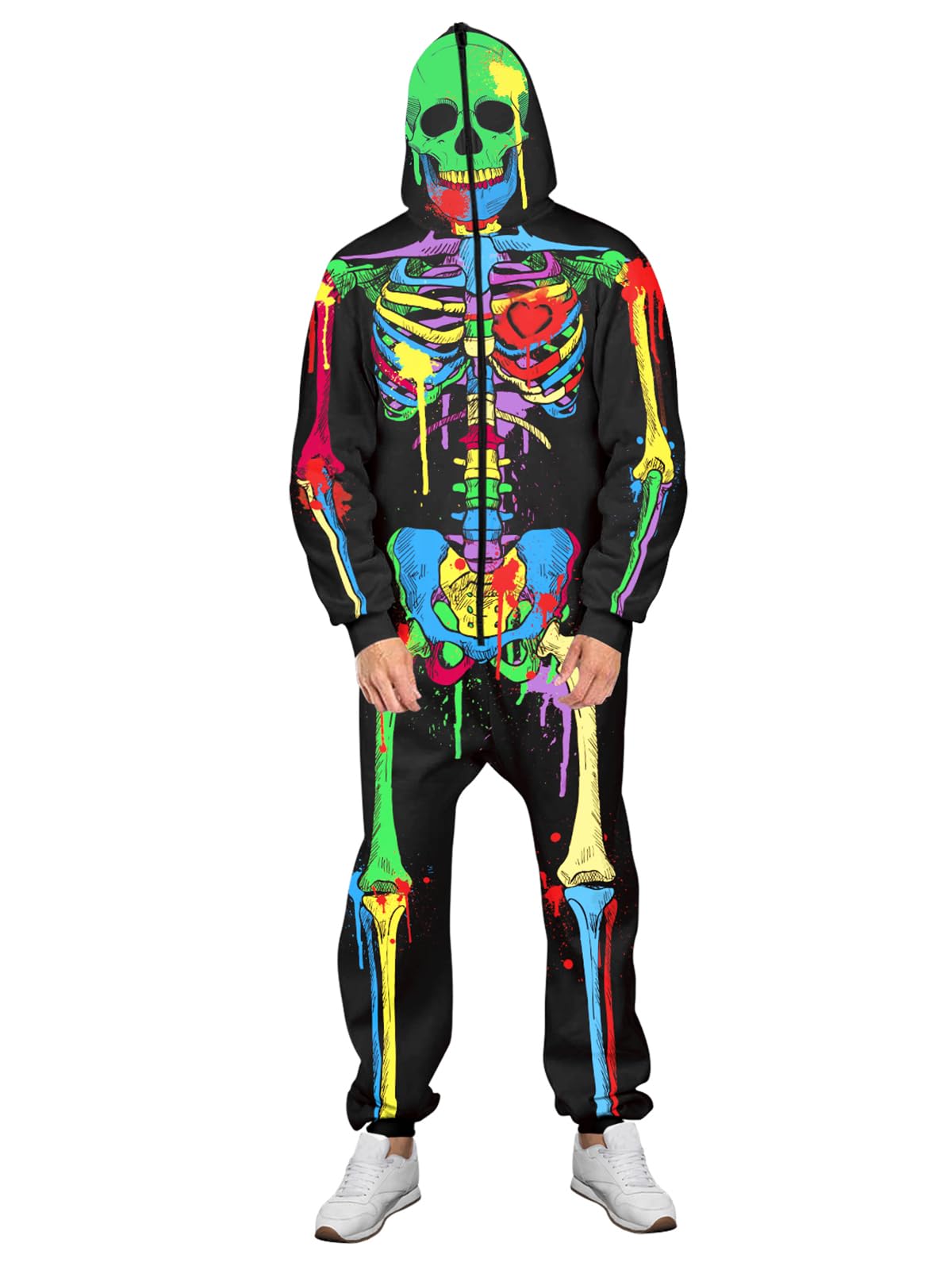 Roevite Halloween Pajamas Skeleton Jumpsuit for Men and Women - Zip Up Costume Onesie