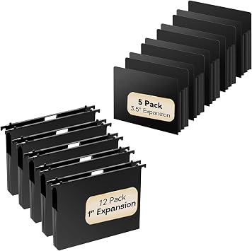 12 Pack Hanging File Folder Letter Size 1 Inch Expansion & 5 Pack 3.5 Inch Expansion Plastic Expanding File Pockets