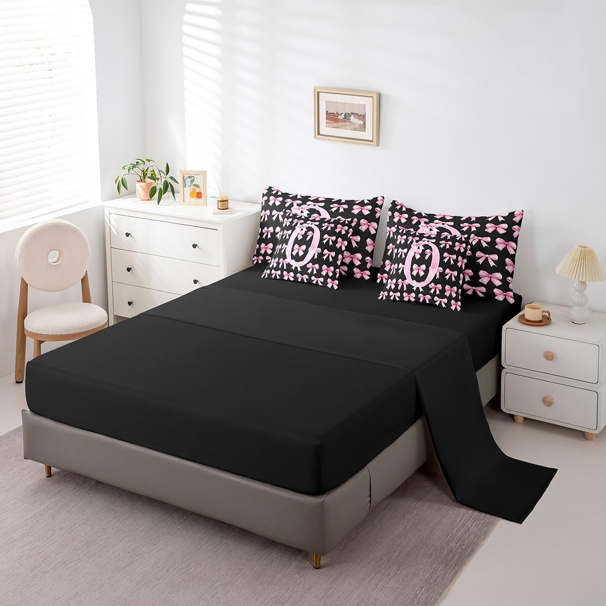 Pink and Black Bow 7 Piece Bedding Set Twin Size 3D Coquette Initial O Bed in a Bag for Kids Teens Girls Princess Preppy Bowknot Comforter Set with Sheets Watercolor Aesthetic Duvet Insert(O) - Image 6