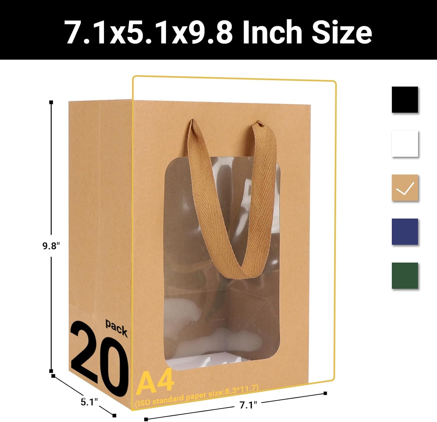 EUSOAR Gift Bags Bulk, 20pcs 7""x5.12""x9.84"" Tote Shopping Gift Bags with Transparent Window, Clear Bouquet Gift Bags With Handle for Gift Wrapping Festival Bridal Party Gifts-Kraft, Brown