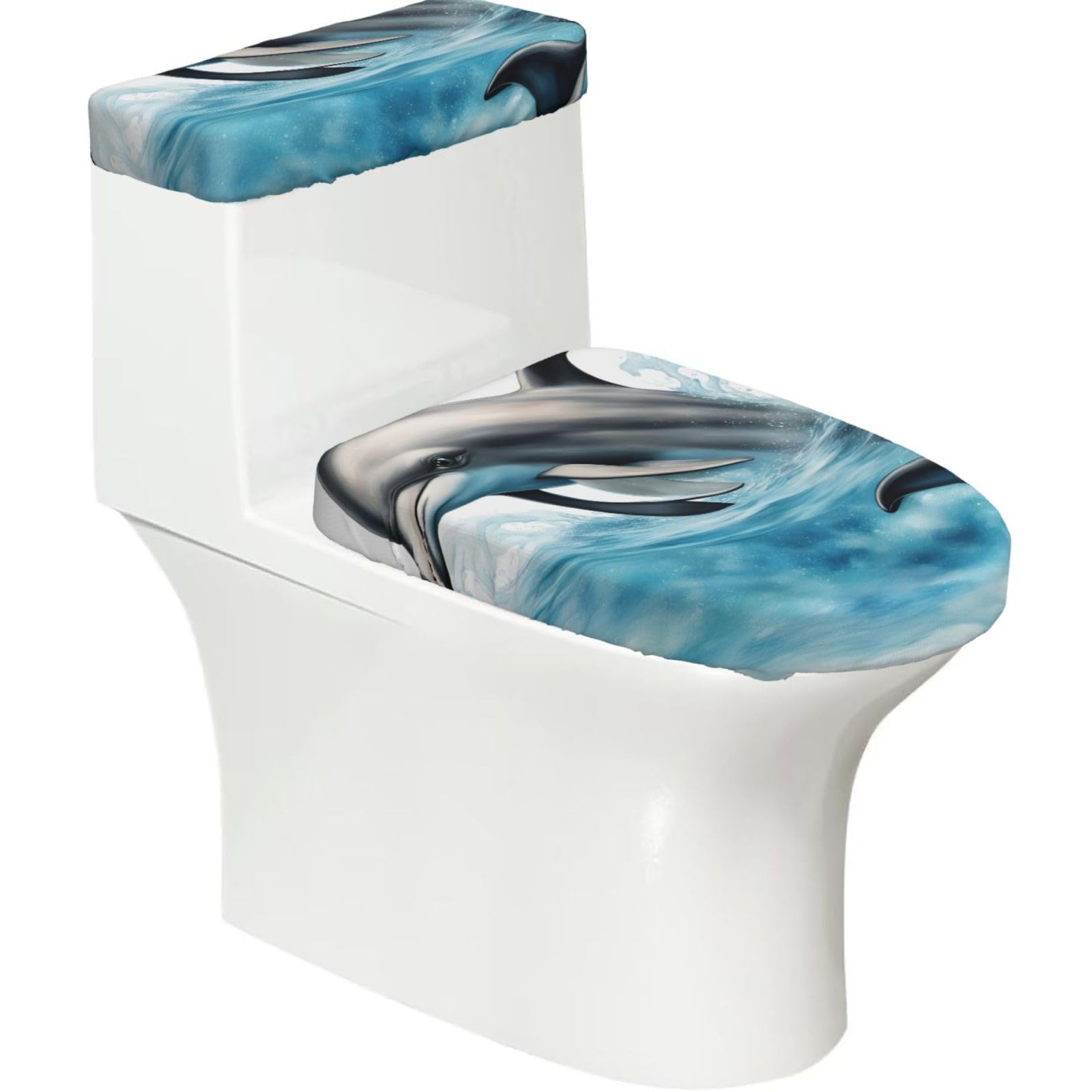 Ocean Dolphin Looking At You Print Stretch Toilet Covers Set, Polyester Covers Replacement For Fits Most Size Lids Bathroom Decor