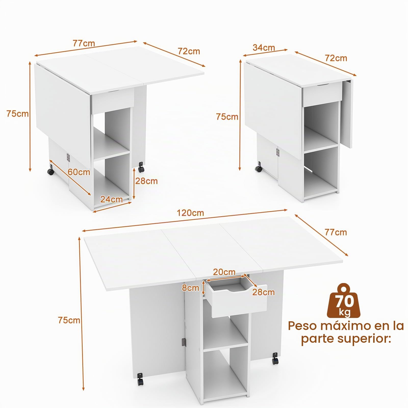 LIFEZEAL Mesa de Comedor Plegable 3 en 1, 120x77cm, Mesa de Cocina para 4-6 Personas, Mesa Extensible con 2 Ruedas, 1 Cajón, 2 Estantes, para Comedor, Sala de Estar (Blanco)
