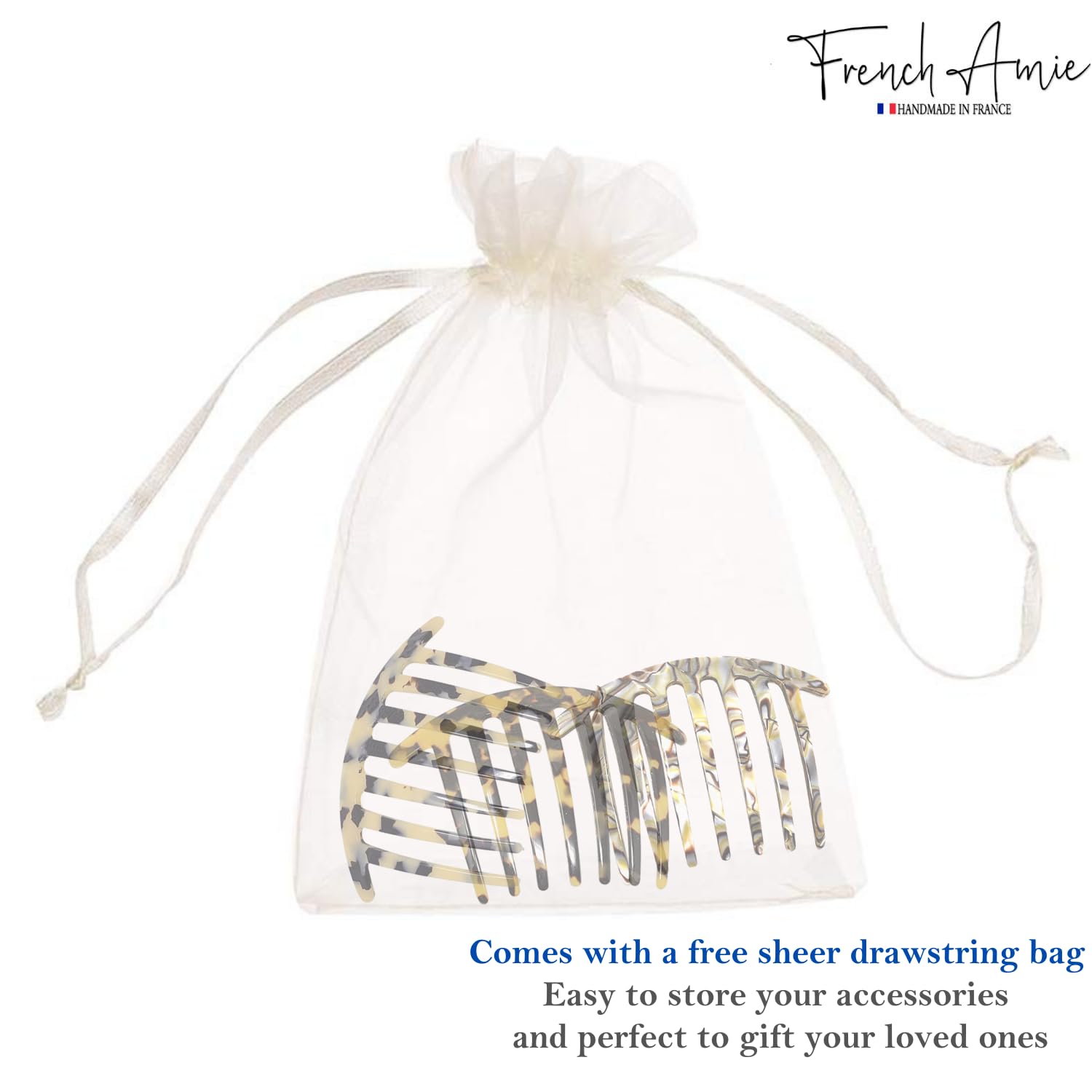 French Amie Curvy 7 Teeth Large 4” Celluloid Handmade Set of 3 Good Grip Hair Side Combs for Women and Girls