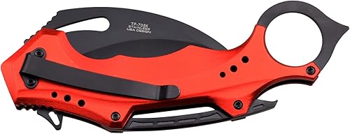 Miniatura 2 de Tac-Force - Cuchillo de bolsillo plegable asistido por resorte - Hoja de acero inoxidable negro, mango de aluminio rojo y negro con anillo para el