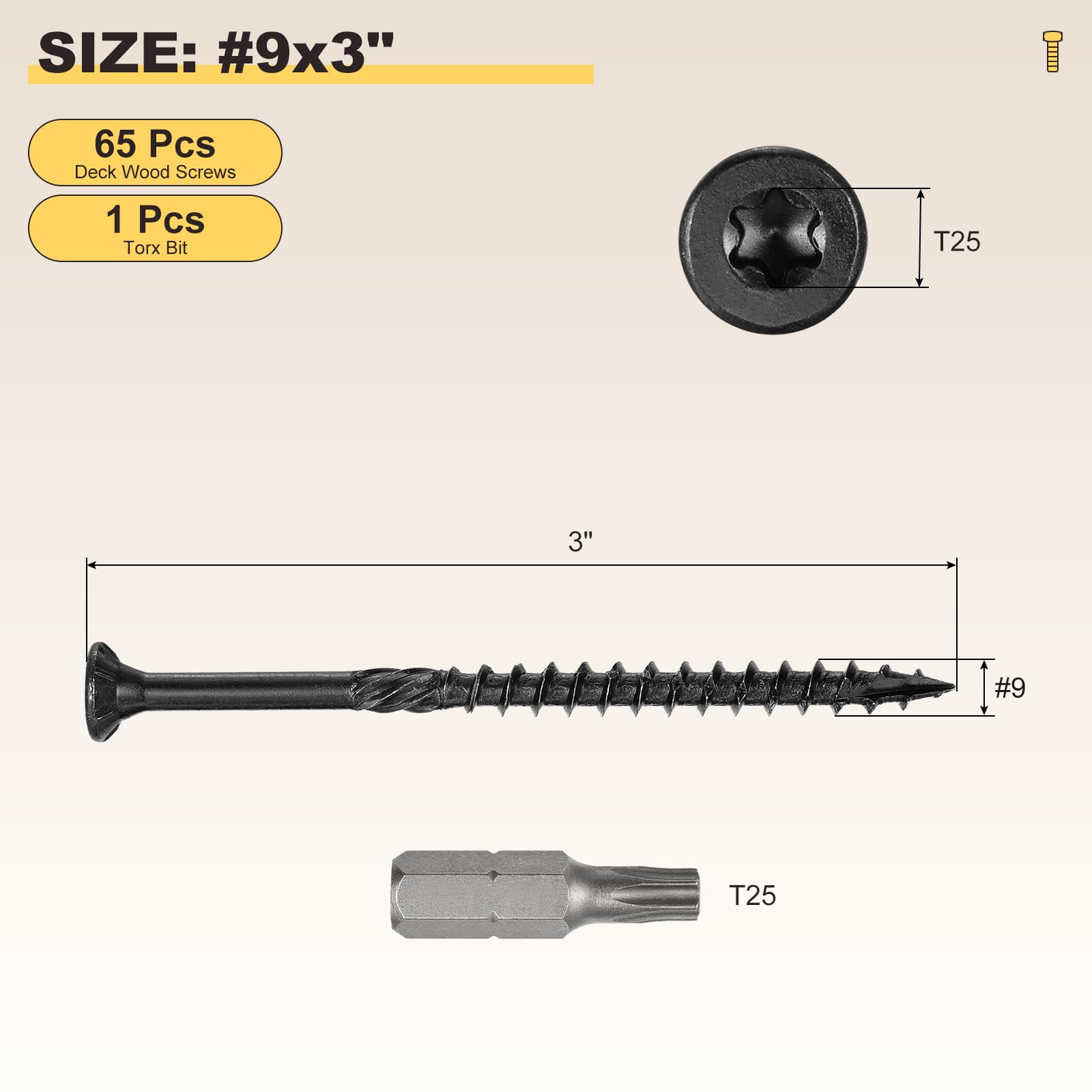 METALLIXITY Deck Screws (#9x3") 65Pcs, Carbon Steel Wood Screw Decking Screws Epoxy Coated with T25 Torx Drive Head - Image 2