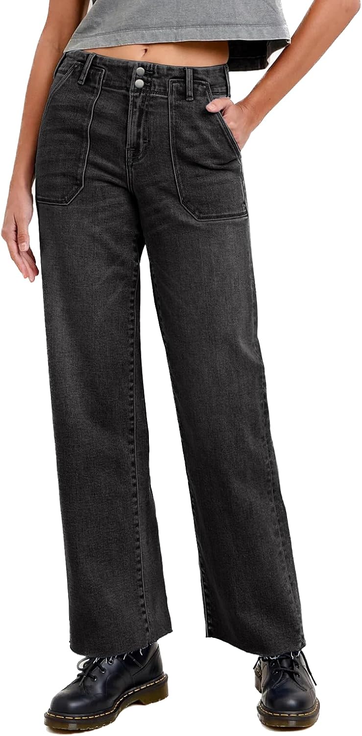 EMMIOL Baggy Jeans Women Straight Leg Mid Rise Cute Trendy Y2K Boyfriend Loose Fit Denim Pants,Black,Large