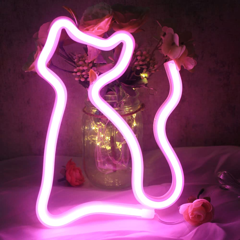 DAKABUKA Cat LED Neon Signs USB or Battery Powered Night Light for Valentine'Day Decoration,Christmas,Birthday Gifts,Girls' Bedroom,Living Room(Pink)