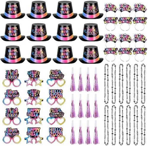 2026 New Year's Eve Neon Party Supplies 60-Piece Happy New Year K...