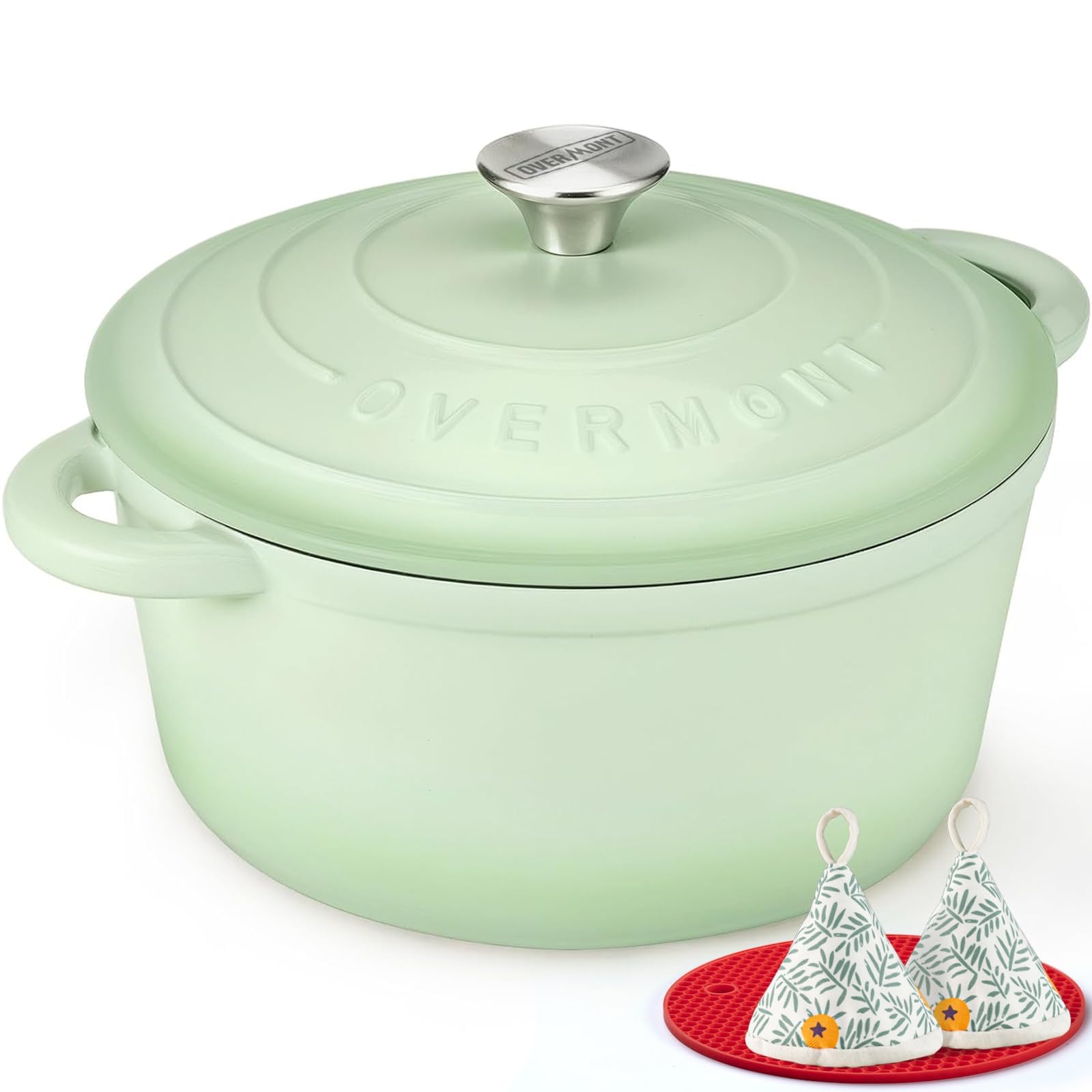 Overmont 28cm/6.6L Enamelled Cast Iron Round Casserole Dish With Lid,7QT, Cookbook -Non-stick Dutch Oven for Braising, Stews, Roasting, Bread Baking - Bean green