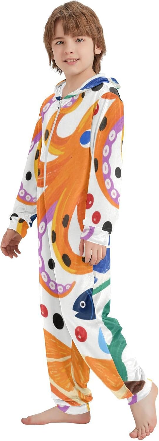 Cute Orange OctopusUnisex OnesieZipper Hooded One-Piecing Sleeper Loungewearfor Parties Sleepovers