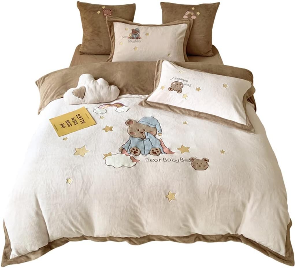 Cartoon Milk Velvet Thick Bed Sheet Four-Piece Cute Bear Embroidery Quilt Cover Warm Skin-Friendly Bedding (Color : A, Size : 2m) (A 2m)