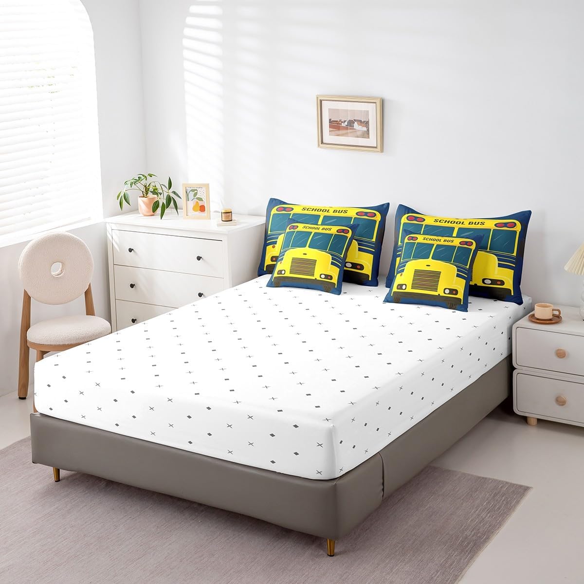 Castle Fairy Cartoon School Bus Reversible Comforter Set 7 Piece King Size,Bright Yellow Car Print Navy Blue Bed Sheet Set Vehicle Front Wheels Bedding Set with Comforter,Fitted & Flat Sheet
