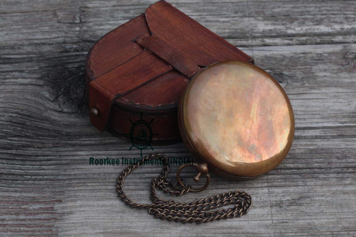 RII - Bussola magnetica in ottone con meridiana in stile nautico, decorazione antica, regalo di compleanno per uomo, regalo di battesimo con citazioni incise, quadrante solare in custodia in pelle
