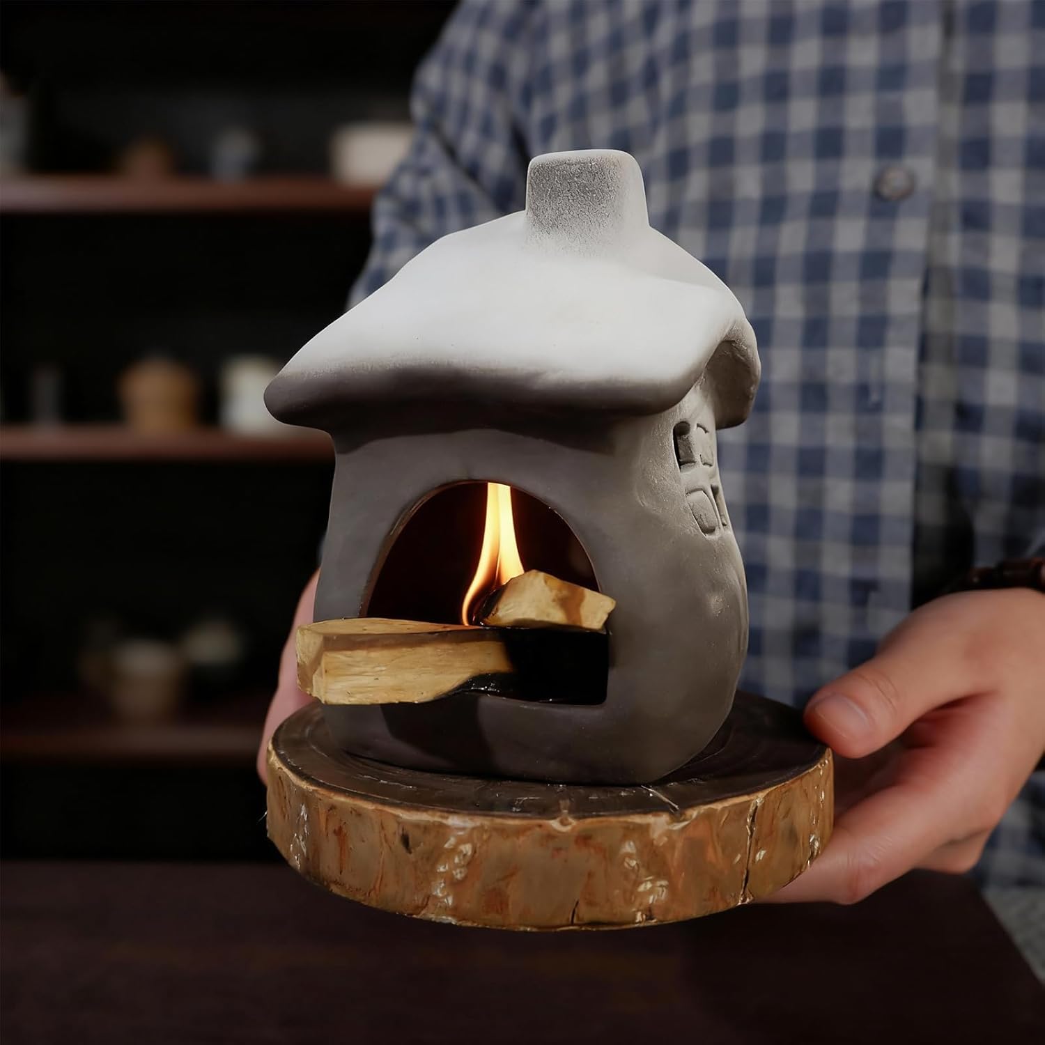 Mougigi Tall Snow-Roofed Ceramic Palo Santo Burner - Mini Chiminea Incense Holder with Stable Base, Ideal for Smudging Sage & Burning Incense Cones, Perfect for Meditation, Yoga, Altars, Home Decor