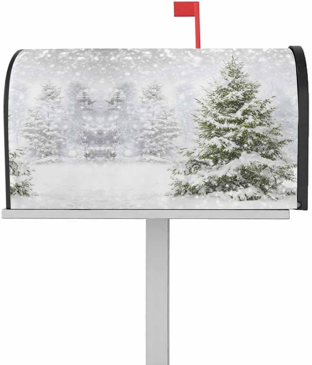 Christmas Tree Mailbox Covers Magnetic Standard Size 18x21 inch Winter Forest Snowing Xmas Trees Snowflakes Decorative Mail Box Wraps Post Letter Box Cover for Garden Yard Xmas Decor