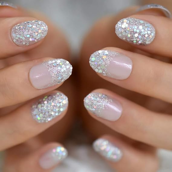 EchiQ Holographic Silver Glitter Press On Nails Short Style Daily Wear Nude Pink Lady False Nails Oval Shape Nail Art Tips