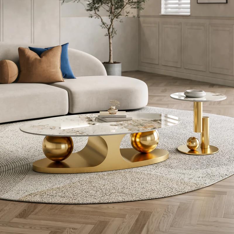 Image of Vandana Interiors Modern 55.12 inch White and Gold Slate Coffee Table